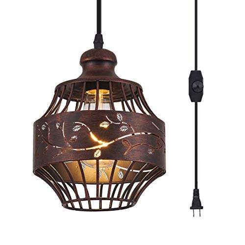 YLONG-ZS Plug in Pendant Lights with 16Ft Hanging Cord and On/Off Dimmer Switch, Farmhouse Industrial Metal Swag Ceiling Lamp for Living Room, Bedroom Hallway,Dark Bronze Finish YL15-Bronze