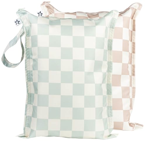 Image of Tiny Twinkle Mess-proof Wet Bags 2 Pack Waterproof and Washable Bag for Travel storage, Stroller, Daycare, Baby Diapers, Yoga, Beach, Pool, Wet Toddler Swimsuits (Unisex Checkers)