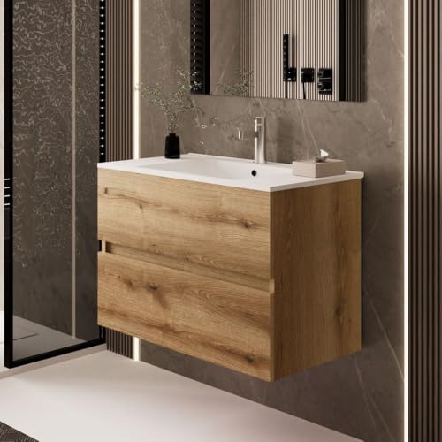 Toscohome Mobile da bagno sospeso 100 cm colore rovere quercia con cassetti e lavabo incluso - Rondel