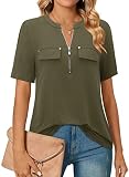 Bulotus Womens Tunic Tops, Short Sleeve Tunic Tops for Women 2025 Business Casual Blouses for Summer Work Professional Loose Zipper Shirts Ladies Office Wear V Neck Fashion Clothing, Green, XXL