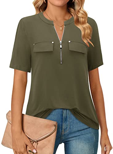 Bulotus Womens Tunic Tops, Short Sleeve Tunic Tops for Women 2025 Business Casual Blouses for Summer Work Professional Loose Zipper Shirts Ladies Office Wear V Neck Fashion Clothing, Green, XXL