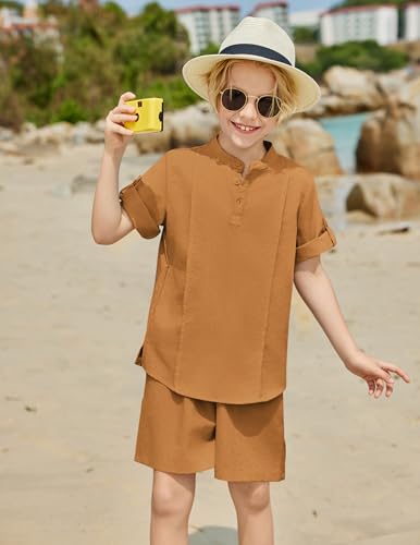 Image of Arshiner Boy's 2 Pieces Linen Sets Short Sleeve Henley Shirt and Shorts Summer Beach Matching Outfits 4-12 Years