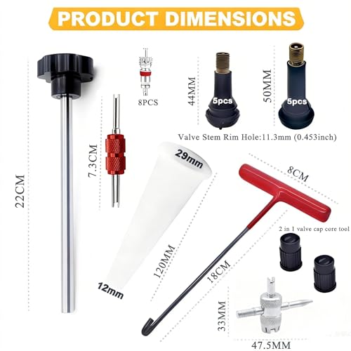 Image of Valve Stem & Core Removal Replacement Tool Kit,Tire Valve Stem Installation Tool without Tire Removal, 2-in-1 Valve Stem Caps & Core Wrench,With 5 TR413 /5 TR414, for Cars Motorcycles Lawn Mowers ATVs