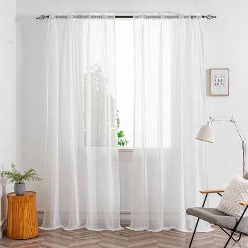 Ivory White Sheer Curtains 102 Inches Long 2 Panels Set Light Filtering Rod Pocket Window Drapes Elegant Semi-Transparent Curtain Panels for Living Room Bedroom Each 50 W x 102 L