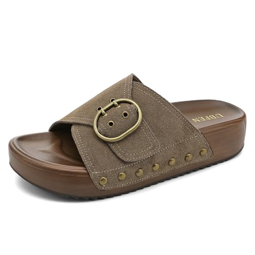 Image of UBFEN Womens Platform Slide Sandals | Real Leather,Buckle Sandals with Cushioned Flatform Footbed,Comfortable for Walking,Arch Support,Casual Styling