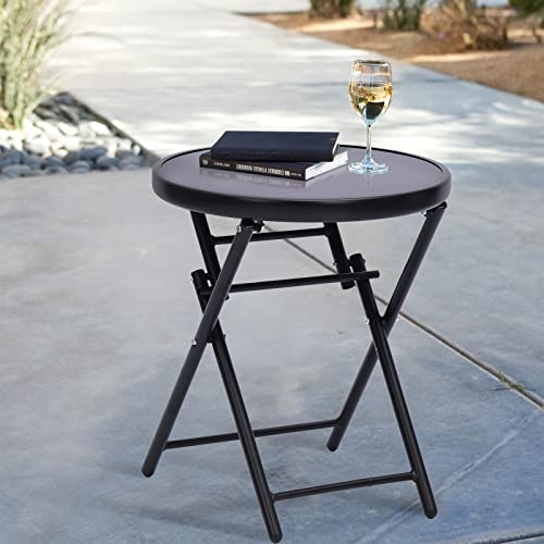 Sunnypark 18’’ Round Folding Side Accent Coffee Tea Table Tempered Glass Top Metal End Table Indoor Outdoor For Backyard Balcony Poolside Sunroom- Black #TOP5