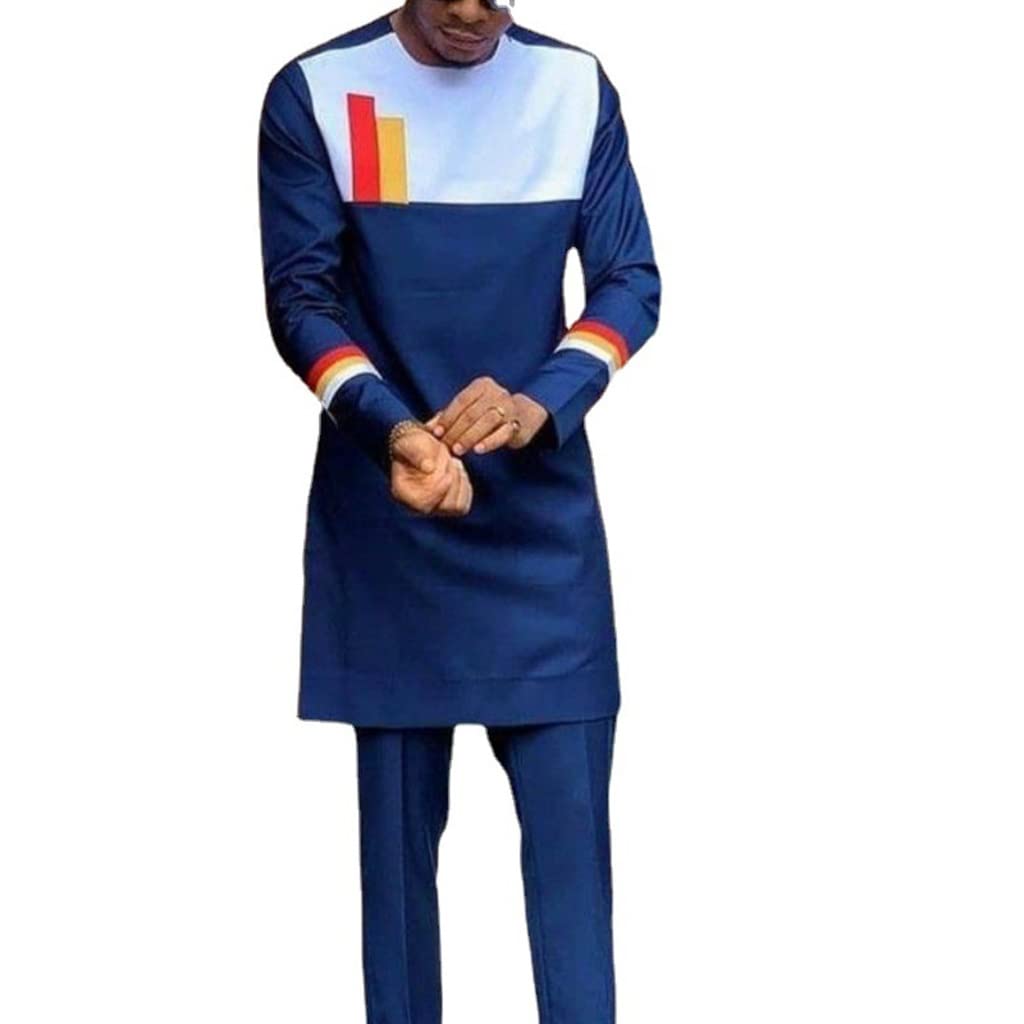 Męski 2-częściowy Zestaw Afrykanin Strój Dashiki Koszula i Spodnie Garnitur Top Z Długim Rękawem Modny Dres Kurtki Tradycyjna Odzież(3XL)