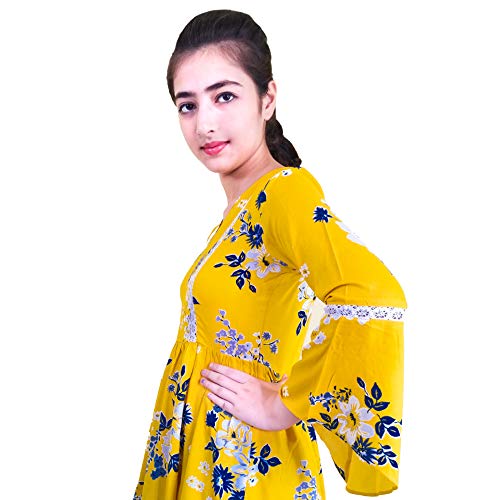 Image of Floral Summer Print Trumpet Sleeve A line High Waist Dress with Lace