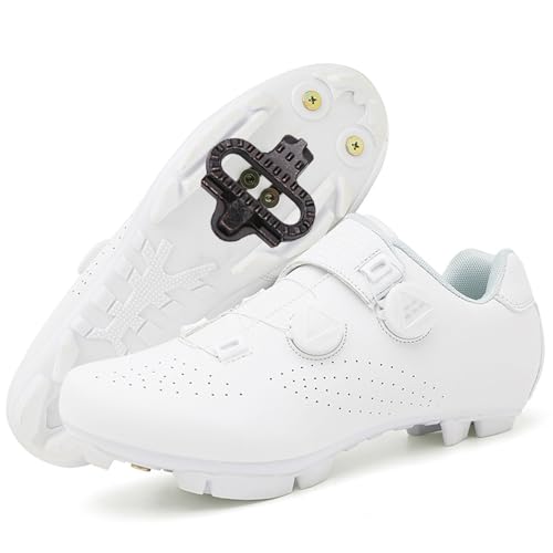 PENXZT Zapatilla de Ciclismo MTB Hombre Zapatos Bicicleta de Montaña Compatible con SPD Pedales 2 Tornillos con Calas Unisex Adulto,Blanca,46 EU
