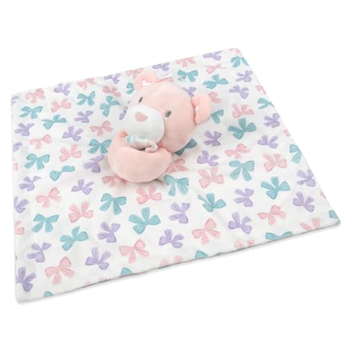 Image of Baby Essentials Minky Animal Snuggler Lovey Blanket for Kids, Babies, Girls Security Blanket with Stuffed Animal (Pastel Bows Bear)