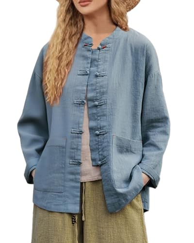 IXIMO Women's Linen Shirt Jakctes Vintage Cotton Long Sleeve Blouses Chinese Style Tunic Tops Blue Large
