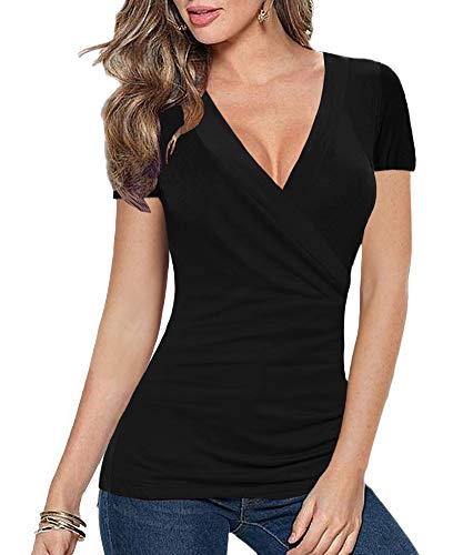 Afibi Women's Deep V Neck Short Sleeve Unique Slim Fit Cross Wrap Shirts Blouse Tops