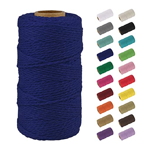Uiopa Macrame Corde 2mm x 100m, Naturel Fil Macramé Fil de Coton Ficelle Corde, DIY Cordelette pour Tressée, Tapisserie de Plante, Tenture Murale, Cadeau Décoration, Emballage (Bleu foncé)