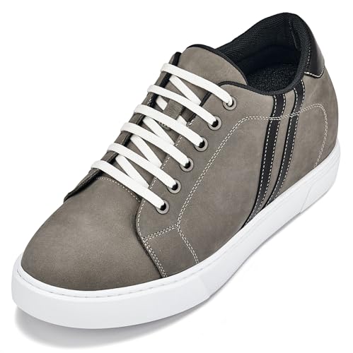 CALTO Men's Invisible Height Increasing Elevator Shoes - Nubuck Grey Leather Lace-up Fashion Sneakers - 2.8 Inches Taller - K1550 - Size 7.5 D(M) US