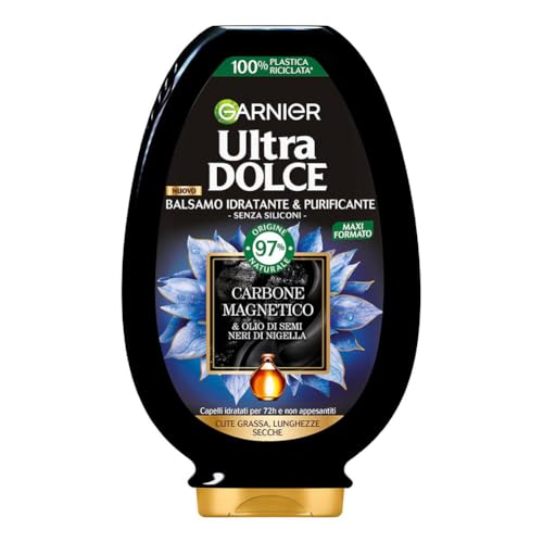 Garnier Ultra Dolce Carbone Magnetico, Balsamo Purificante e Idratante, 97% Origine Naturale, per Cute Grassa e Lunghezze Secche, Senza Siliconi, 250 ml