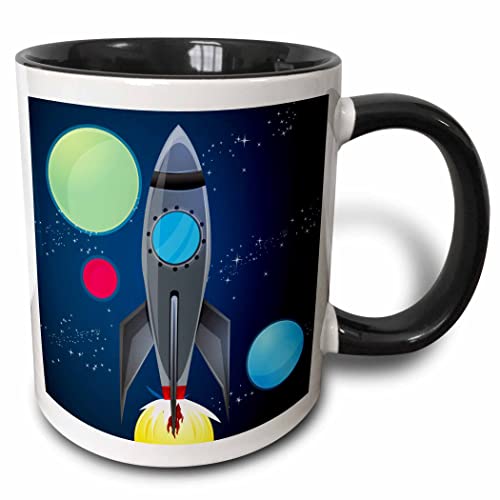 3dRose Boys Rocket Ship with Planets Design On A Dark Blue Background Two Tone Mug, 11 oz,...