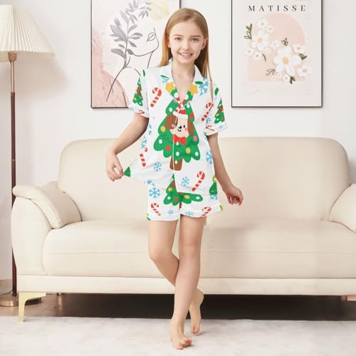 Satin Pajama Sets Short Sleeve Christmas Tree Dog Snowflakes Button Down Silky Nightwear 2 Piece PJS 5-14Y3