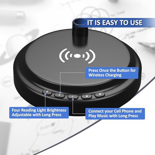 RORENSE LED Desk Lamp for Office Home, Adjustable 4 Level Brightness with Bluetooth Speaker&15W Wireless Charger&Portable Desk Light&Type C Adapter, Flexible Gooseneck Table Lamp for Bedside (Black) - Image 6