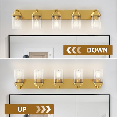 Image of Brushed Gold Bathroom Light Fixtures, 5 Lights Bathroom Lighting Fixtures Over Mirror, Square Design & Rectangle Large Backplate, Modern Vanity Lighting Fixtures, for Living Room /Bedroom