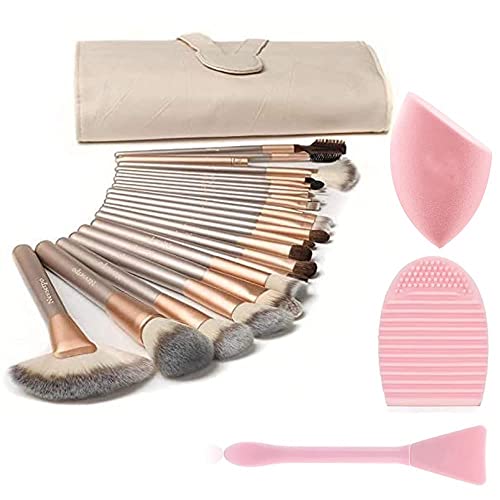 NEVSETPO Make Up Brush Set 18Pcs Professional Makeup Brushes with Sponge Blender Brush Cleaner Silicone Face Mask Brush Full Face Makeup Travel PU Bag Included (18+3pcs,Champagne)
