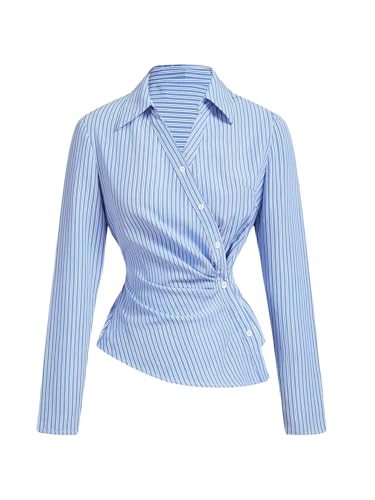 SweatyRocks Women's Striped Button Down Blouse Long Sleeve Ruched Wrap Asymmetrical Shirts