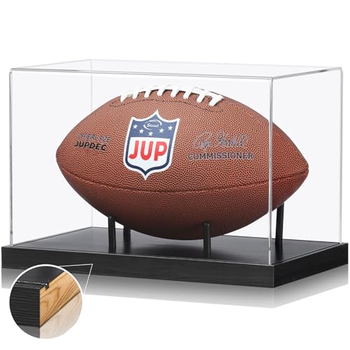 Image of JupDec Football Display Case Full Size, Acrylic Clear Box with Wood Stand, UV Protected Memorabilia Holder, for Football Fans & Collectors, Sports Collectibles, No Assembly Required, Black