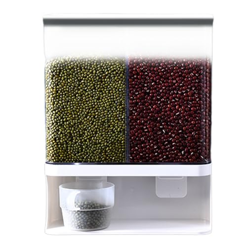 Dispenser di riso a parete Contenitore per riso da 3000 ml PP Resistente per stoccaggio con coperchio e tazza Secchio per cereali trasparente impermeabile sigillato senza perforazione, 2 scomparti