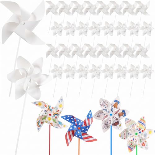 Arrowbash Confezione da 48 girandole di carta fai da te per bambini, colora le tue girandole estive bianche per il ritorno a scuola per studenti mestieri vuote mulini a vento patriottici per aula VBS