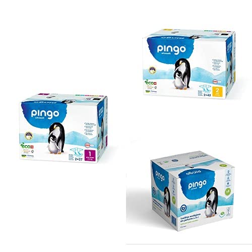 Pingo Pañales con Medidor de Humedad, Talla 1-2 + Pañales Talla 2 Mini -2 paquetes de 42 unidades + Toallitas húmedas Pingo 4 x 80 toallitas - Pack Primeros Dos Meses