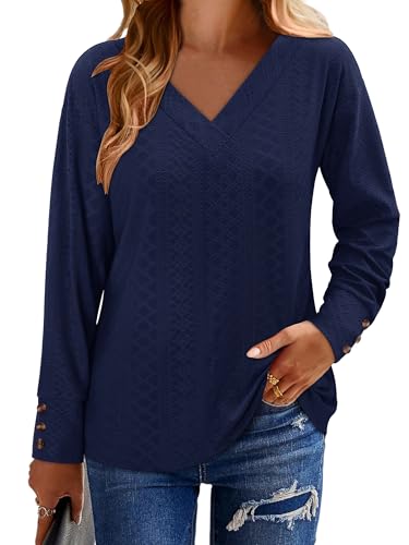 KISSMODA Long Sleeve Fall Shirts For Women V Neck Tunic Tops Embroidered Button Down Knitted Blouses 2025
