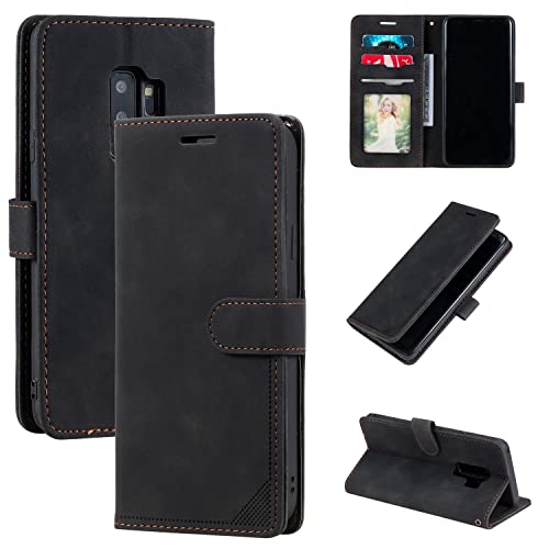 Étui Samsung S9 Plus anti-RFID en cuir noir avec porte-cartes et béquille