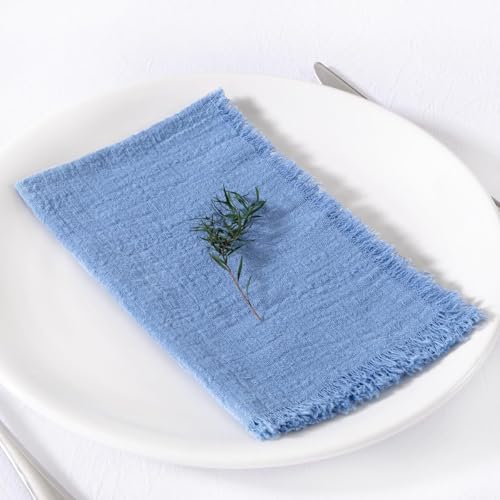 Image of MLMC 10 Pack Dusty Blue Cloth Napkins with Fringe Boho Linen Napkins Washable Reusable Rustic Dinner Table Decor 17 inchx17 inch for Wedding Party Bridal Baby Shower Home Decor