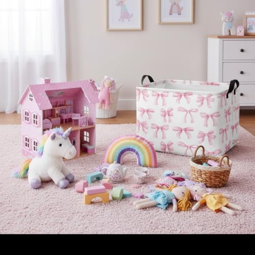 Image of Rectangular Baby Kids Storage Basket for Home Kitchen Girls Cute Toy Storage Bin Organizer Shelf Book Room Decor(Bowknot)