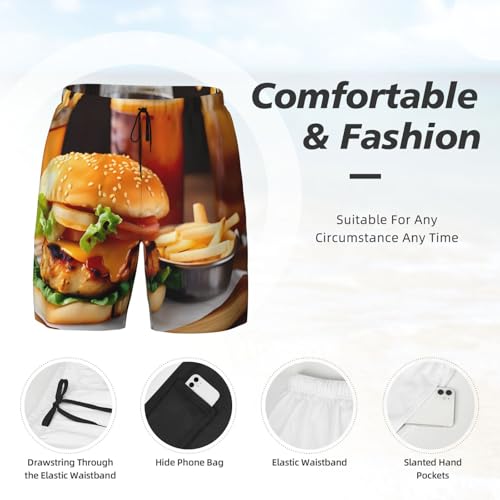 Men's Chicken Leg Burger Drink Print Quick-Dry Mesh Swim Trunks Stretch Lining Beach Shorts Surfing Summer Vacations4