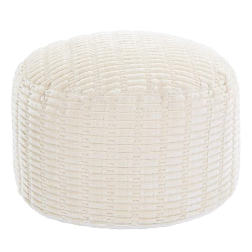 HOMBYS Unstuffed Ottoman Pouf Cover Round Faux Fur Foot Stool Fuzzy Chair Floor Bean Bag(No Filler) Foot Rest with Storage for Living Room Bedroom Office Striped Tufted (Beige)