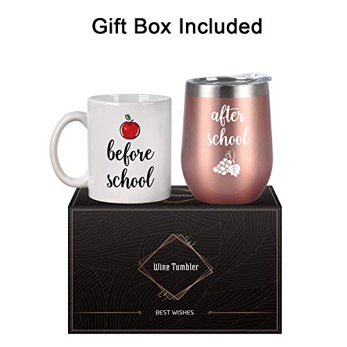 Qtencas Before School After School Teacher Coffee Mug And Wine Tumbler Set, Funny Idea For Teachers, Teacher Appreciation From Students, 12 Oz Insulated Stainless Steel Tumbler 11 Oz Coffee Mug #TOP6
