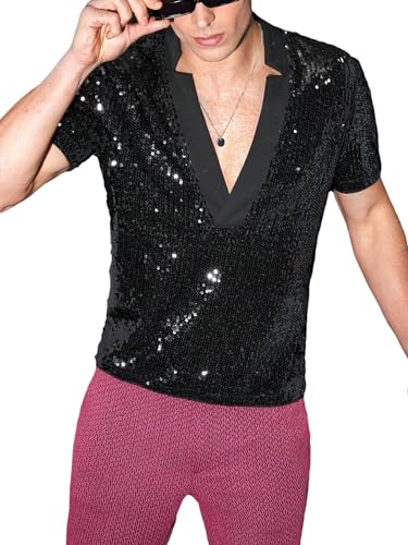 WDIRARA Men's Contrast Sequin Deep V Neck Top Short Sleeve Solid Party Tee Shirt