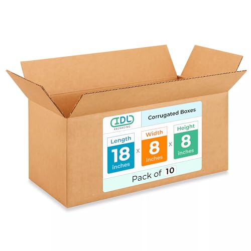 Medium Shipping &amp; Moving Boxes 18x8x8 inches (10-Pack) - Extra Strength 200 lb vs Regular - Corrugated Medium Moving Boxes - Packing Box for USPS, UPS, FedEx - Heavy Duty Box by IDL Packaging