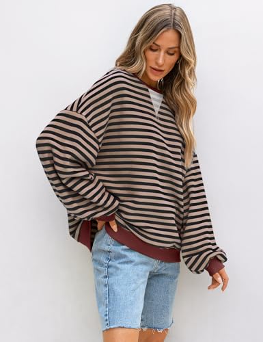 Image of UEU Women Oversized Striped Crewneck Sweatshirt Long Sleeve Color Block Pullover Tops Casual Loose Workout Shirt