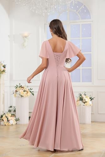 Women's Flutter Sleeve Bridesmaid Dresses for Wedding with Ruffle Chiffon V-Neck Evening Formal Gown with Slit3
