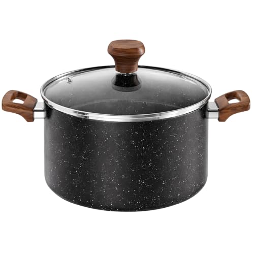 24cm Induction Base Nonstick Stock Pot with Glass Lid - 5.2QT/5L Pasta Soup Stew Pot, Casserole Cooking Pan Gas Electric All Hobs Compatible Black Marble Effect