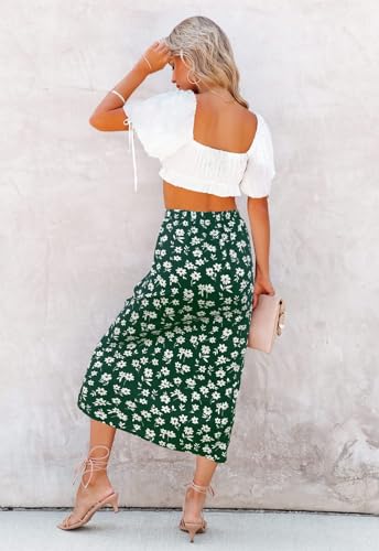 Image of HERBATOMIA Women's Floral Print Midi Skirt Casual High Elastic Waist Zipper Vintage Long Boho Skirts for Women