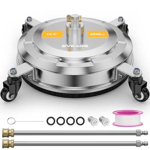 EVEAGE 14.5" Pressure Washer Surface Cleaner,Stainless Steel Pressure Washer Accessories 4 Weels & 1/4" Quick Connector,4000 PSI Power Washer for Driveway (Silver, 14.5inch) 14.5 inch Silver
