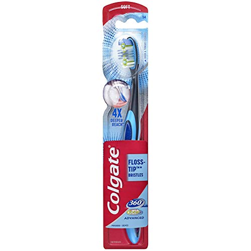 Colgate 360 Total Advanced Floss-Tip Bristle Toothbrush, Black and Blue, Solar Powered, Unisex-Adults