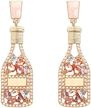 Handmade Champagne Wine Glass Enamel Dangle Earrings Shiny Rhinestones Crystal Pearl Beaded Drop Earrings Charming Vase Glass Cup Flash Earrings for Women Girls Exquisite Jewelry Gift (Pearl)