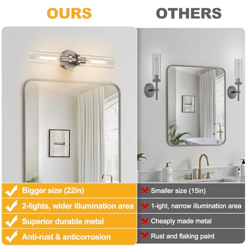 Image of Indoi Brushed Nickel Wall Sconces, Hardwired Bathroom Sconces Vanity Light with Clear Glass, Modern Bathroom Vanity Lights fixtures for Mirror Bedroom Living Room Hallway Kitchen