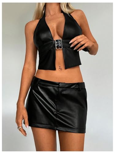 SOLY HUX Women's Y2k PU Leather Halter Crop Tops Open Back Sleeveless Tank Tops Rave Festival Outfit4
