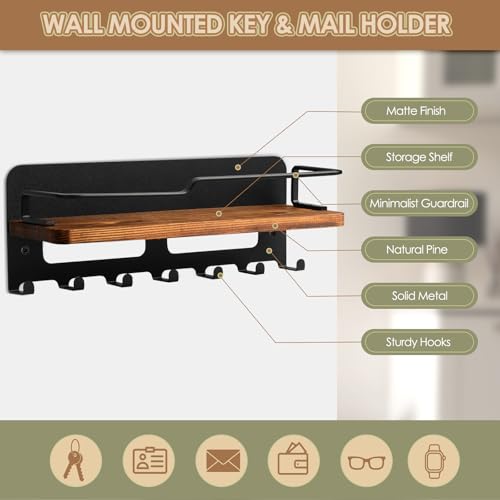 Meilidy Key Holder Wall Mount, Metal And Wood Key Rack With Shelf Key Mail Holder Mail Organizer With 7 Key Hooks For Entryway Hallway Doorway thumb #2