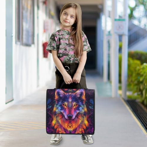 Image of Wolf Colorful Zipper Binder Bag 3 Ring Binder with Shoulder Strap Zip Up 500 Sheets Capacity Multi Pockets for School Office Supplies