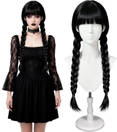 ASINWIN Gothic Black Braided Wig with Bangs Long Twin Ponytail Wig